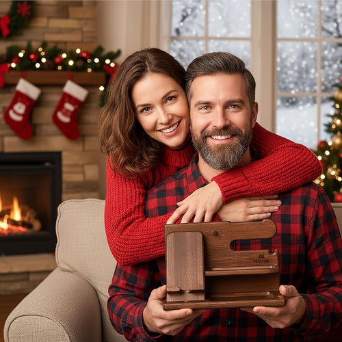Wood Phone Docking Station - Gifts for Men - Desk or Nightstand Organizer - Birthday Gift for Husband, Dad - Anniversary Idea from Wife - Key Holder, Stand Wallet & Essentials (Bourbon Brown)