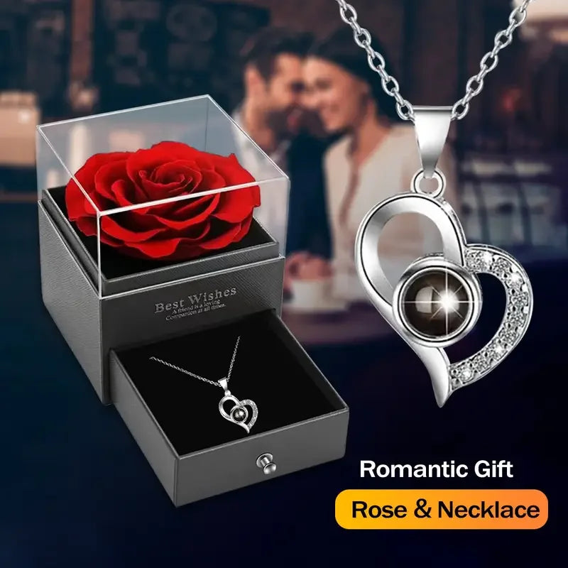 Artificial Flower Box with I Love You Necklace