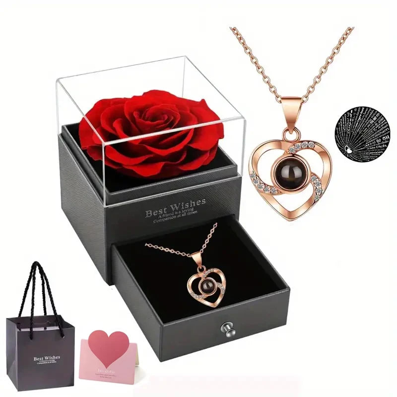 Artificial Flower Box with I Love You Necklace