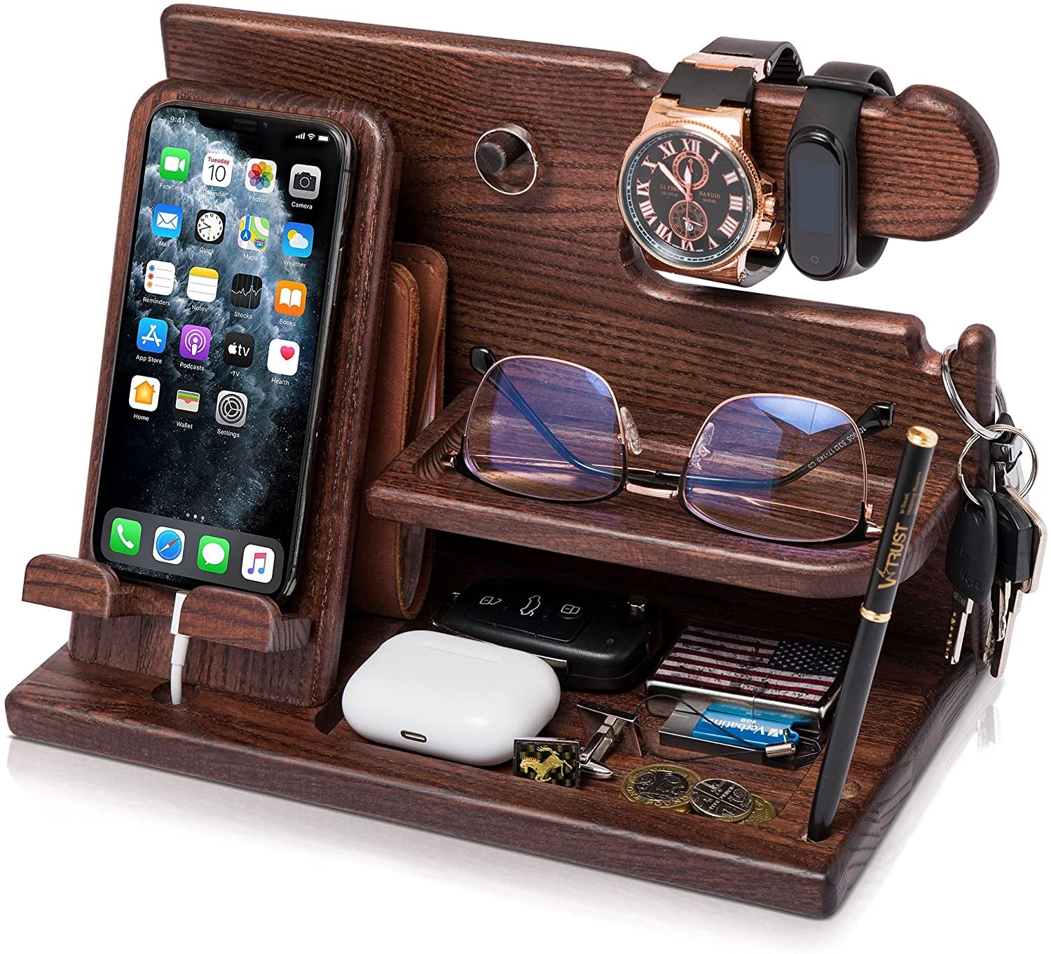 Wood Phone Docking Station - Gifts for Men - Desk or Nightstand Organizer - Birthday Gift for Husband, Dad - Anniversary Idea from Wife - Key Holder, Stand Wallet & Essentials (Bourbon Brown)