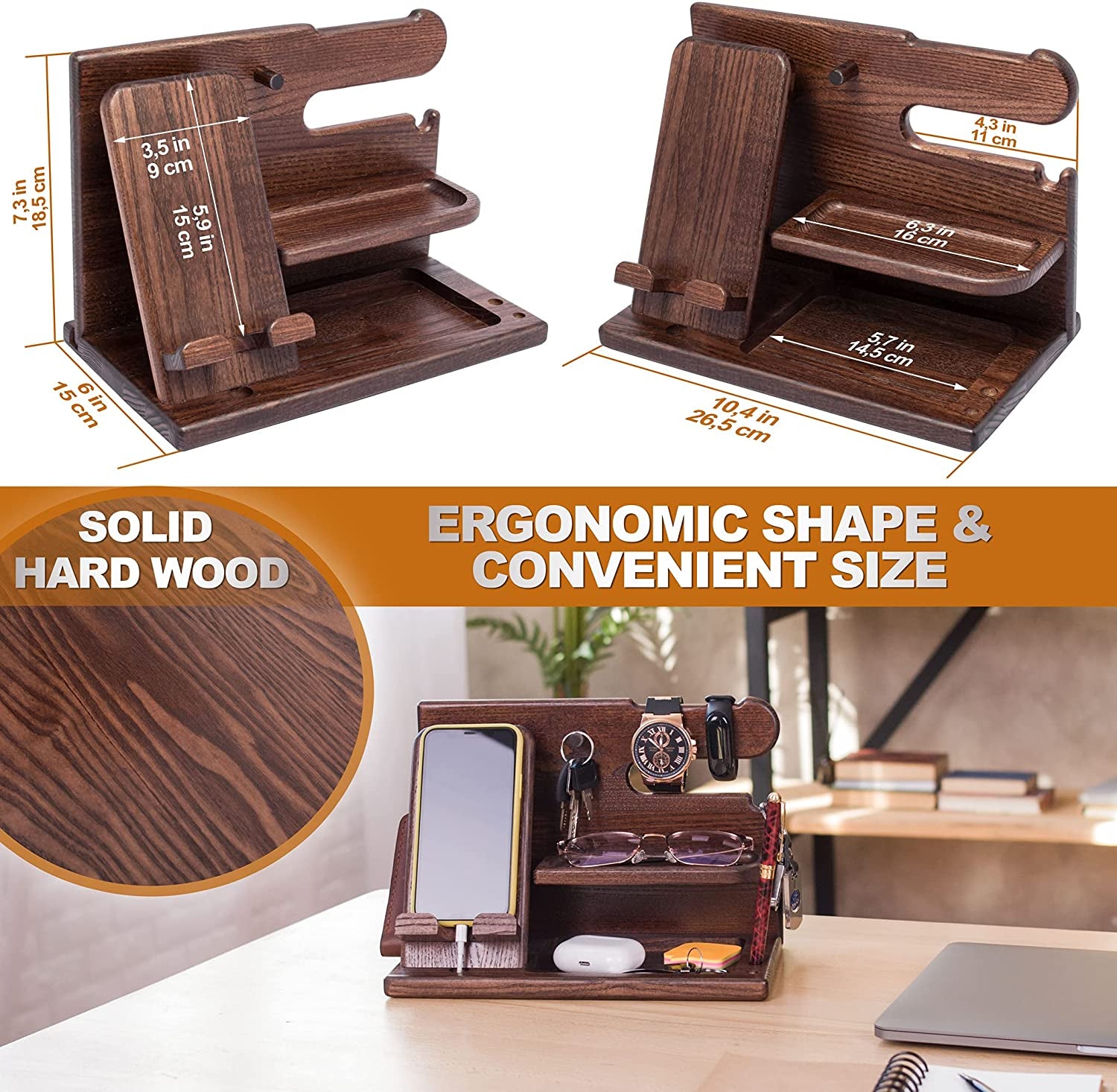 Wood Phone Docking Station - Gifts for Men - Desk or Nightstand Organizer - Birthday Gift for Husband, Dad - Anniversary Idea from Wife - Key Holder, Stand Wallet & Essentials (Bourbon Brown)