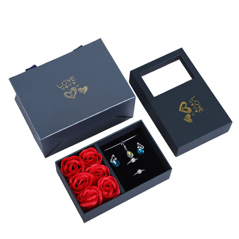Valentine'S Day Preserved Flower Jewelry Box Heaven and Earth Cover Six Roses Chinese Valentine'S Day Gift Box Ring Box Pendant Necklace Box